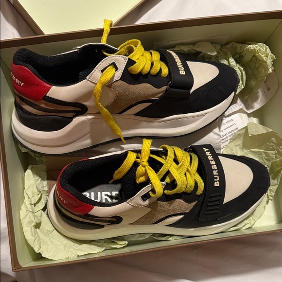 Burberry Black White and Red Sneakers with Yellow Laces 8.5 M 10.5 F